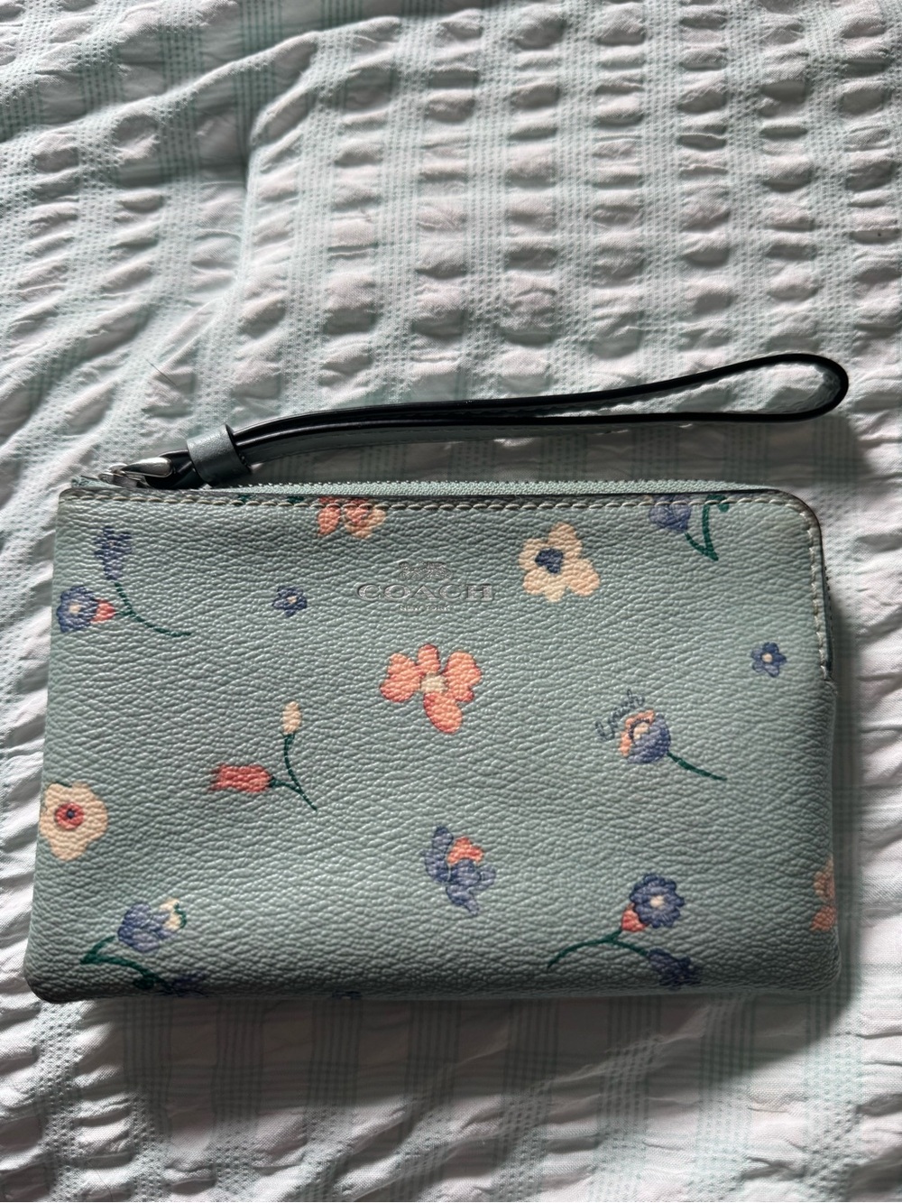 Coach Floral Wristlet in Light Blue with Pink & Purple Accents - Picture 1 of 4